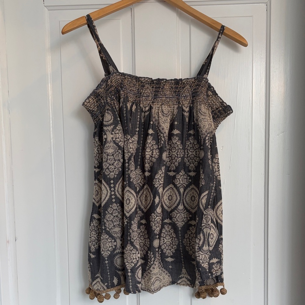 RAGA Black & Cream Boho Pom-Pom Sleeve Camisole Size Small
